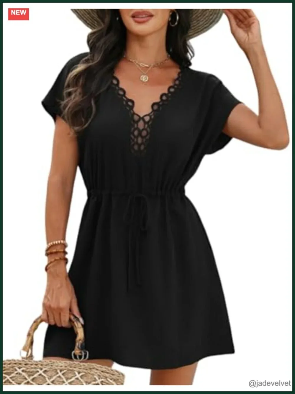 Lace Crochet V-Neck Short Sleeve Beach Cover Up Dress for Swimwear